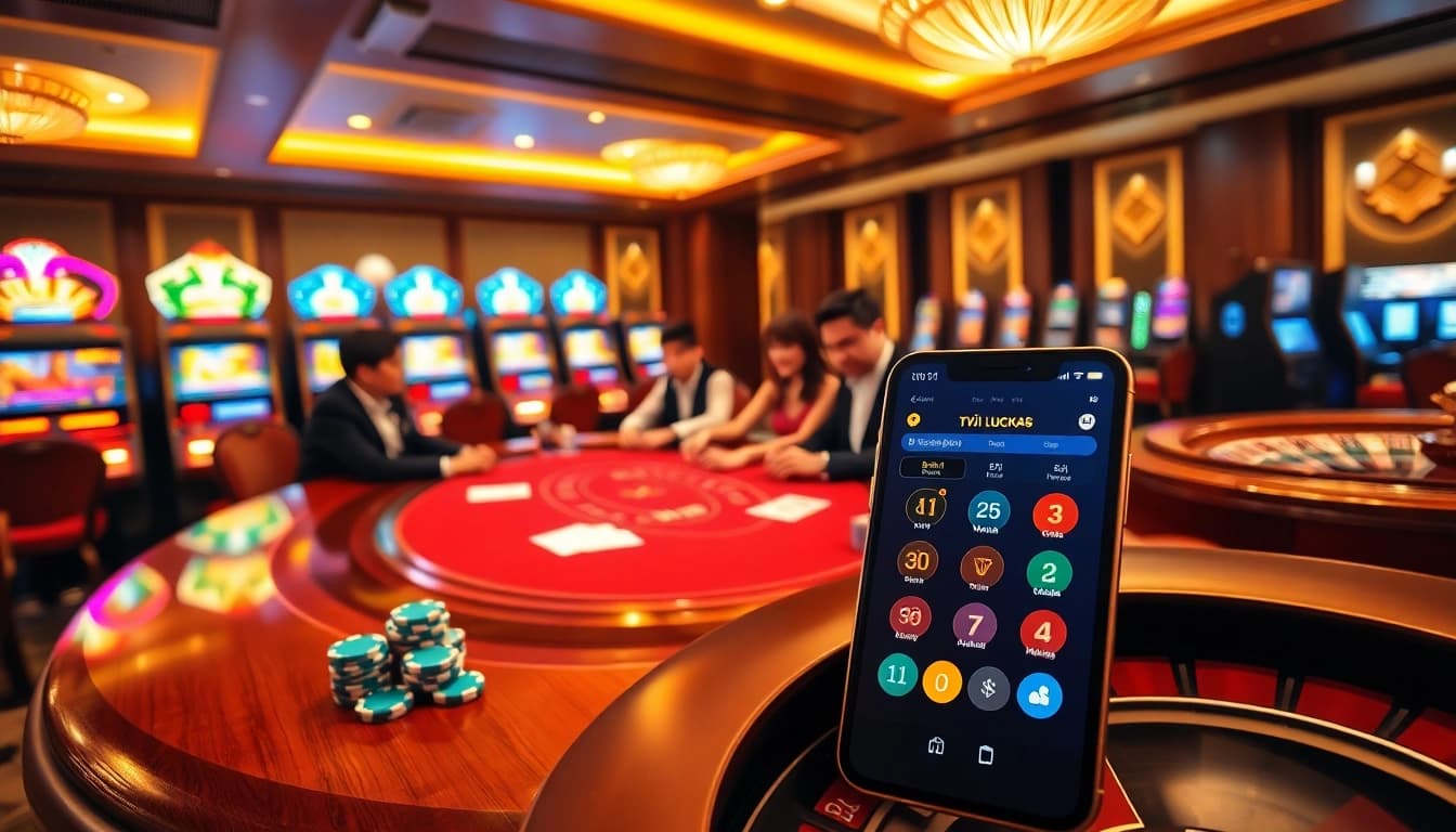 TẢI APP LUCK8 showcases a lavish casino scene featuring a high-stakes poker table and excited players.