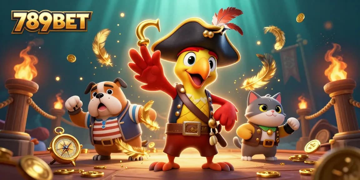 Experience thrilling gaming action at 789BET with pirate characters and casino elements.