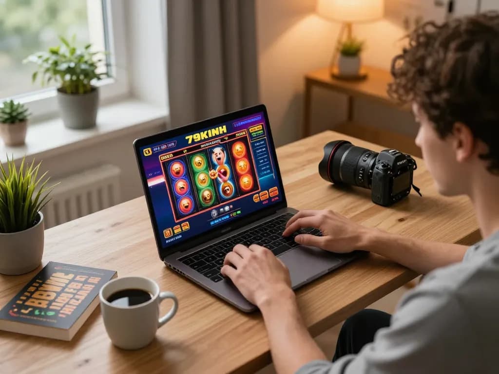 Player immersed in a thrilling 79KINH gaming experience on a laptop in a cozy home setting.