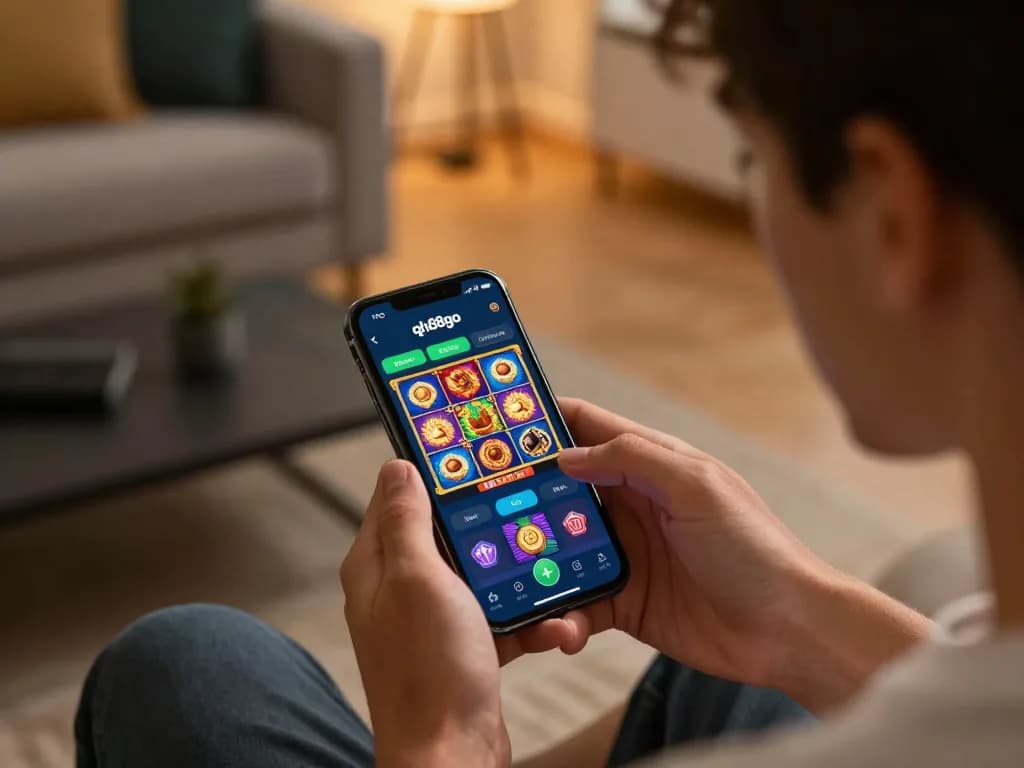 Engaging in mobile gaming with the qh88go app, showcasing a colorful slot game interface.