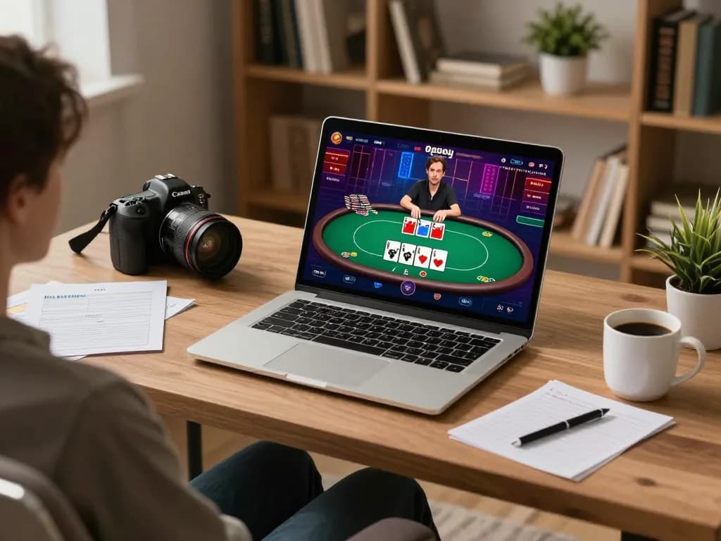 Engaging online poker gameplay on laptop showcasing keo nha cai 5 strategy in comfortable home office.