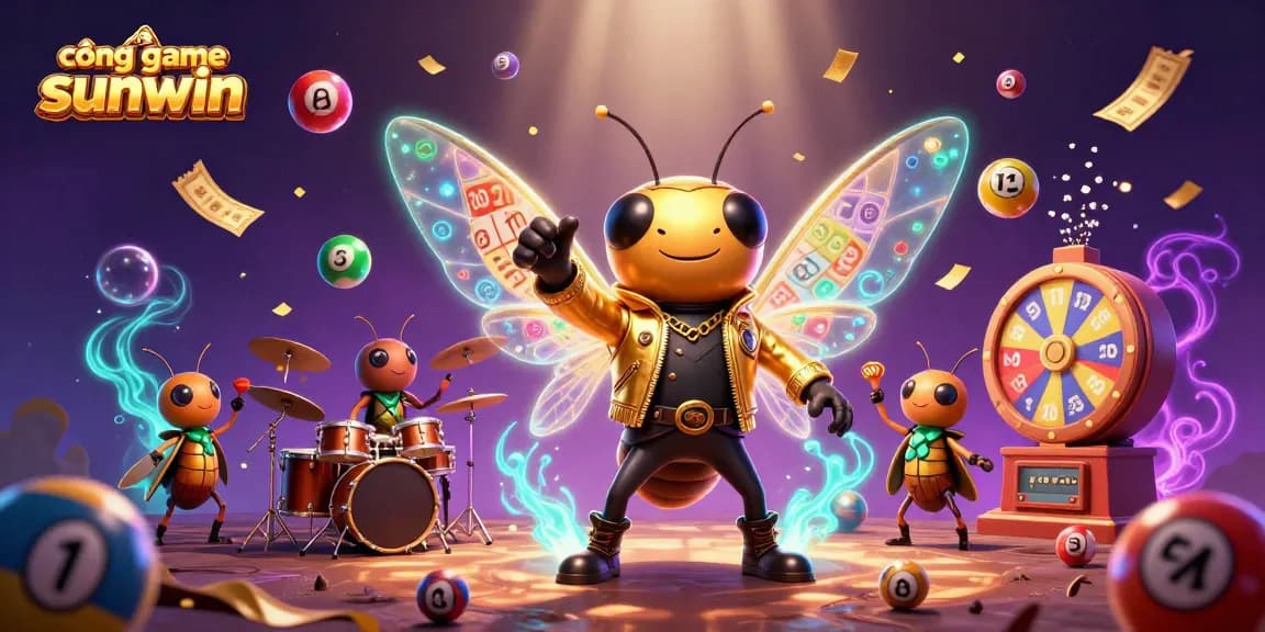 Cổng game sunwin showcases a lively 3D scene with a cartoon cicada rock star, vibrant casino elements, and dynamic interactions.
