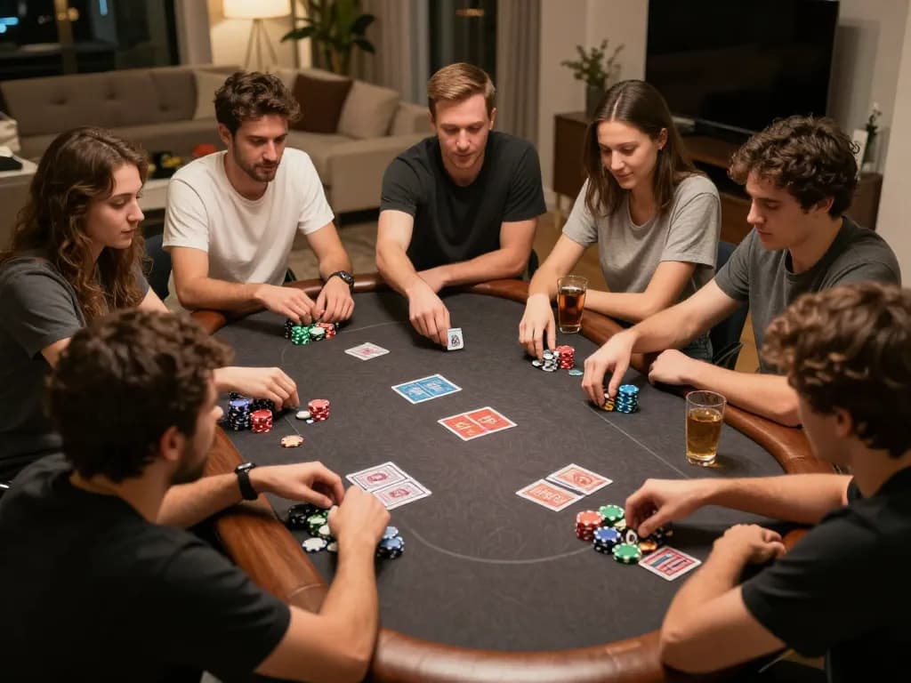 Experience strategic poker gameplay with friends at home, featuring debet stacked chips and focused players