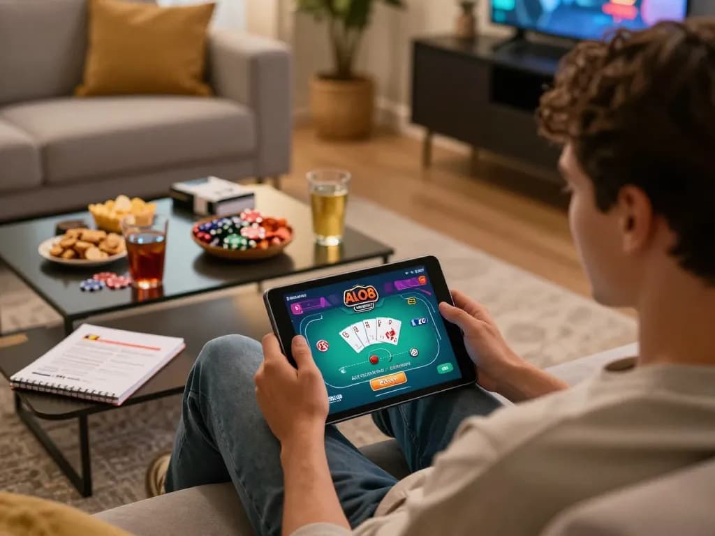 A person using ALO8 tablet for online casino gaming with vibrant poker interface