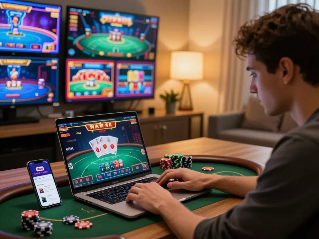 Engaging with Nhà cái Vin88's online poker while managing strategy notes and bankroll, showing a focused player.