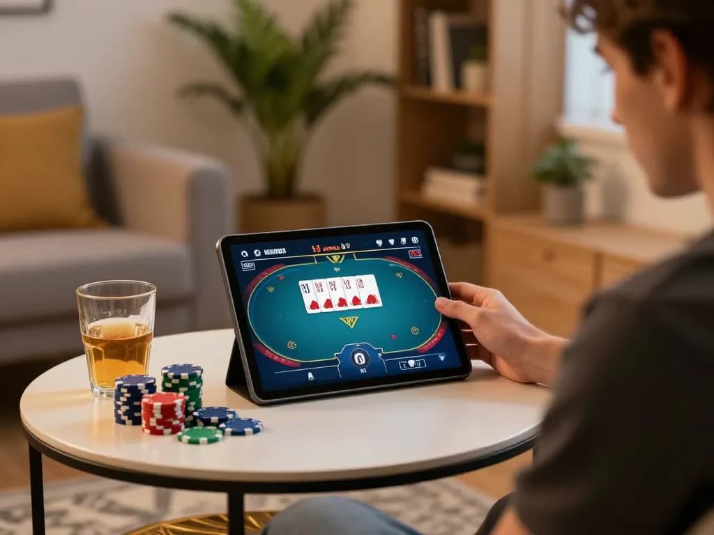 Engaging poker gameplay on tablet screen during online gaming session, featuring SC88 cards and chips.