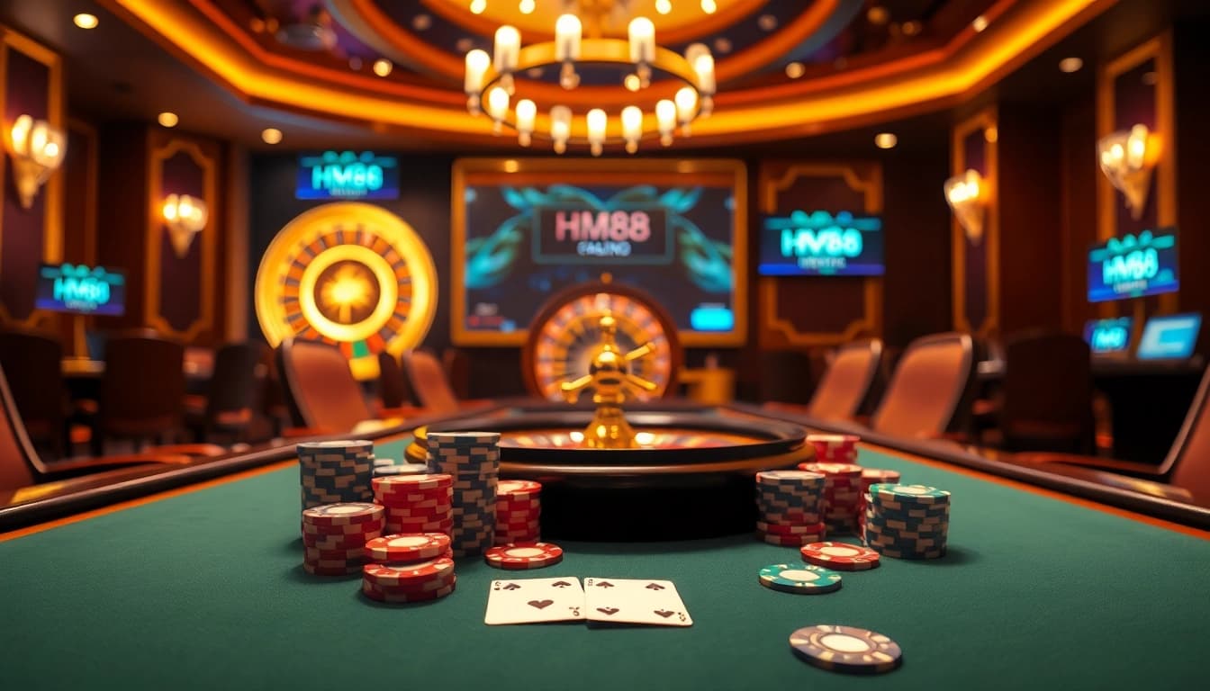 HM88 poker table with vibrant chips and cards, capturing the thrill of casino gaming.