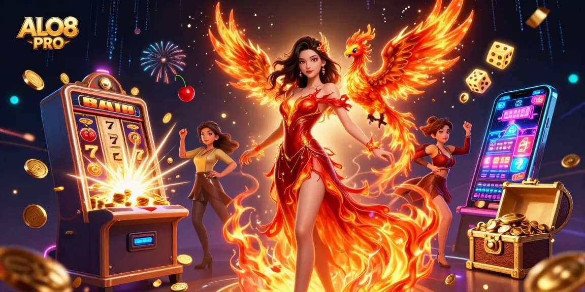 Experience the thrill of ALO8 PRO gaming, featuring a stunning woman amidst dynamic winning elements and vibrant casino atmosphere.