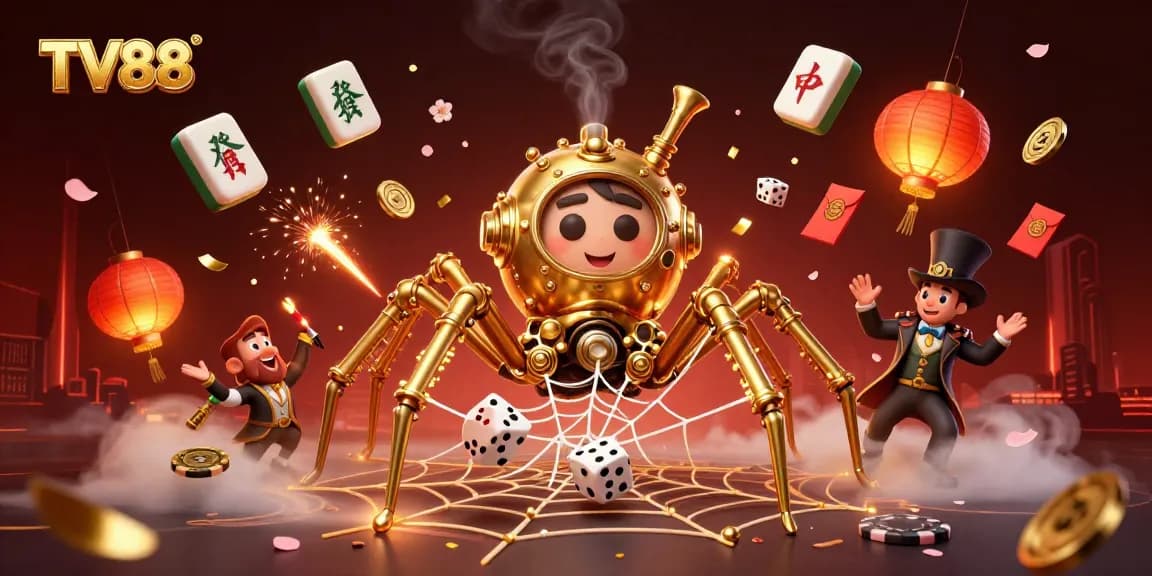 Bet on luck with TV88, featuring a steampunk spider in an intricate web of casino elements.