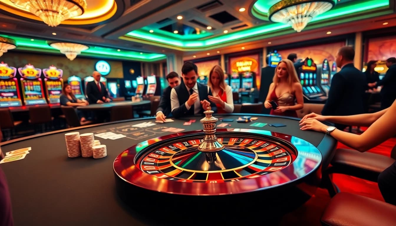 Players enjoying a thrilling moment at F168's luxurious casino table, vibrant and engaging atmosphere.
