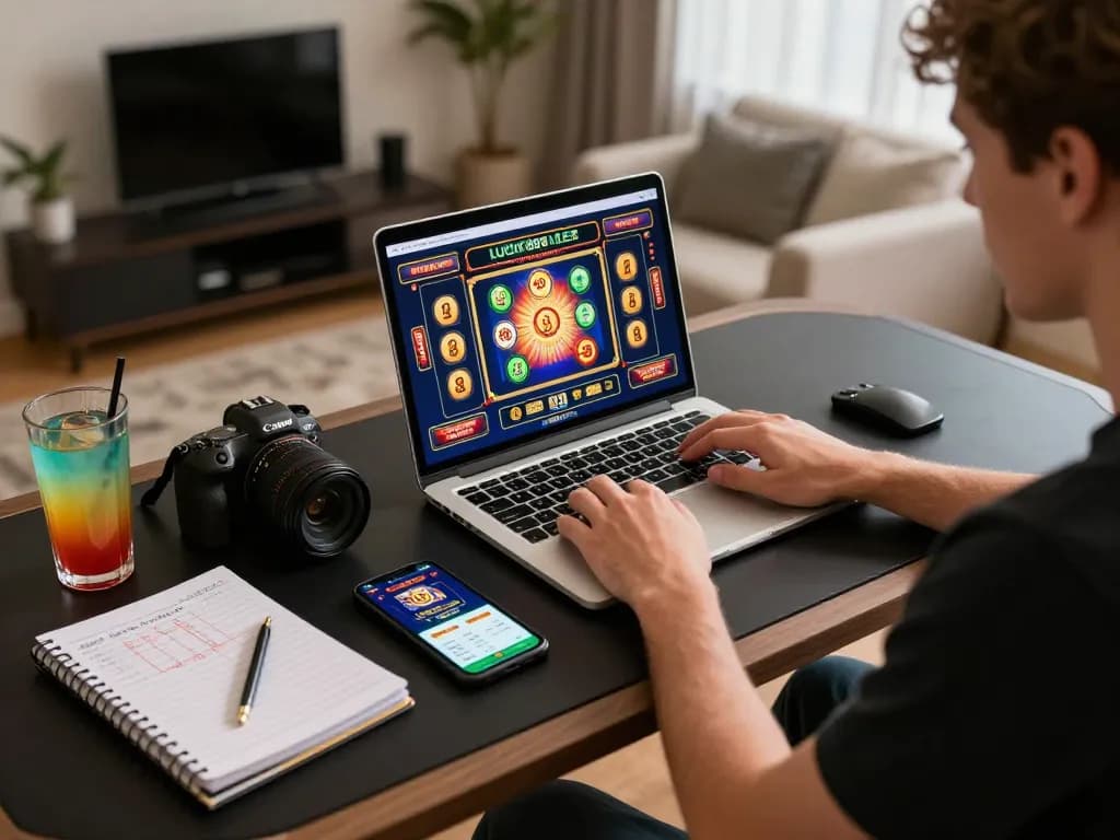 Engaging in lucky88 online slots with strategic notes during a cozy gaming session
