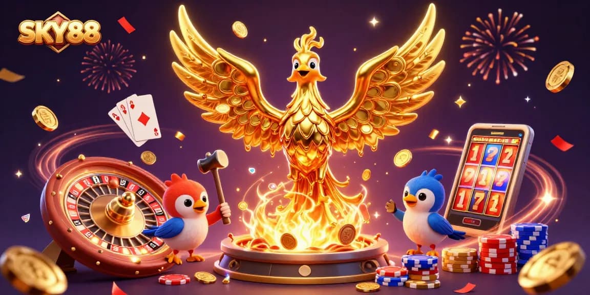 Engage with the vibrant casino world of SKY88 through this dynamic digital illustration.