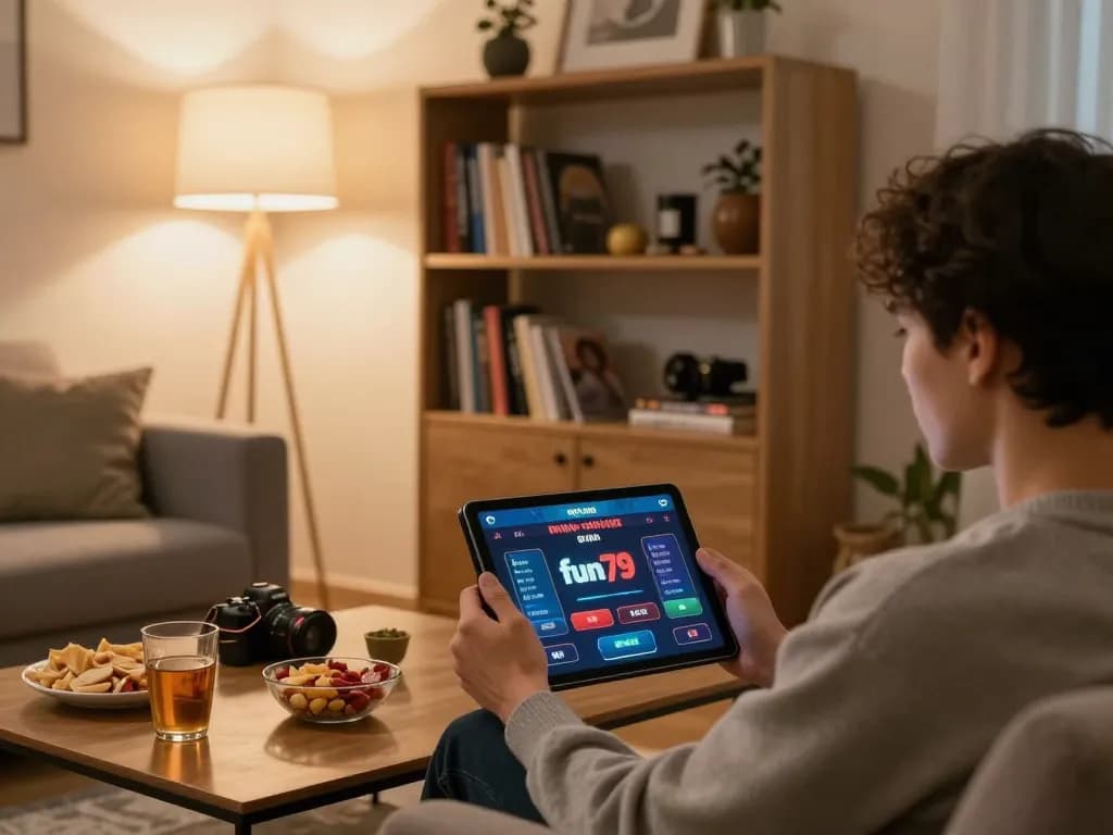 Engaging online gaming scene showcasing khuyến mãi fun79 on tablet, highlighting a cozy home setup.