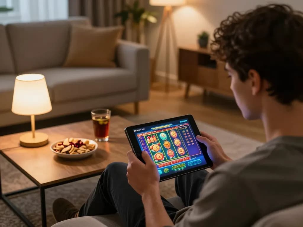 Engaging gaming experience at home, đăng nhập DN88 on tablet with vibrant slot graphics.