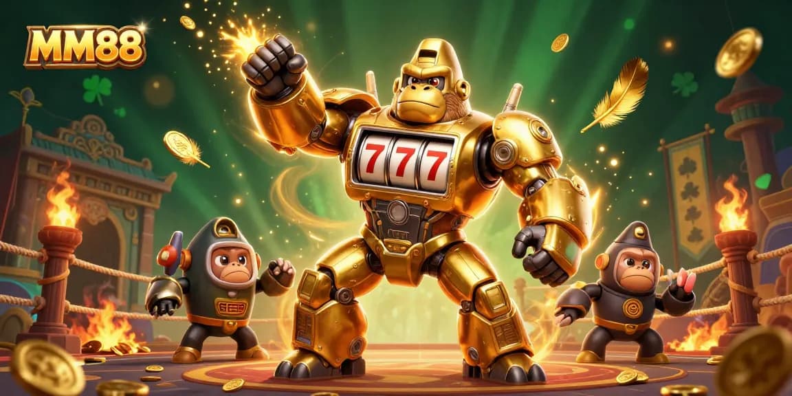 Play exciting games at MM88 with a dynamic illustration featuring a golden mech and casino elements.