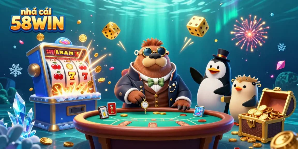 Experience thrilling gameplay at nhà cái 58WIN with jolly walrus, penguin dealer, and treasure-filled slots!