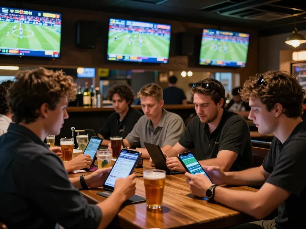 Betting enthusiasts actively strategizing while using keo nha cai 5 in a lively sports bar