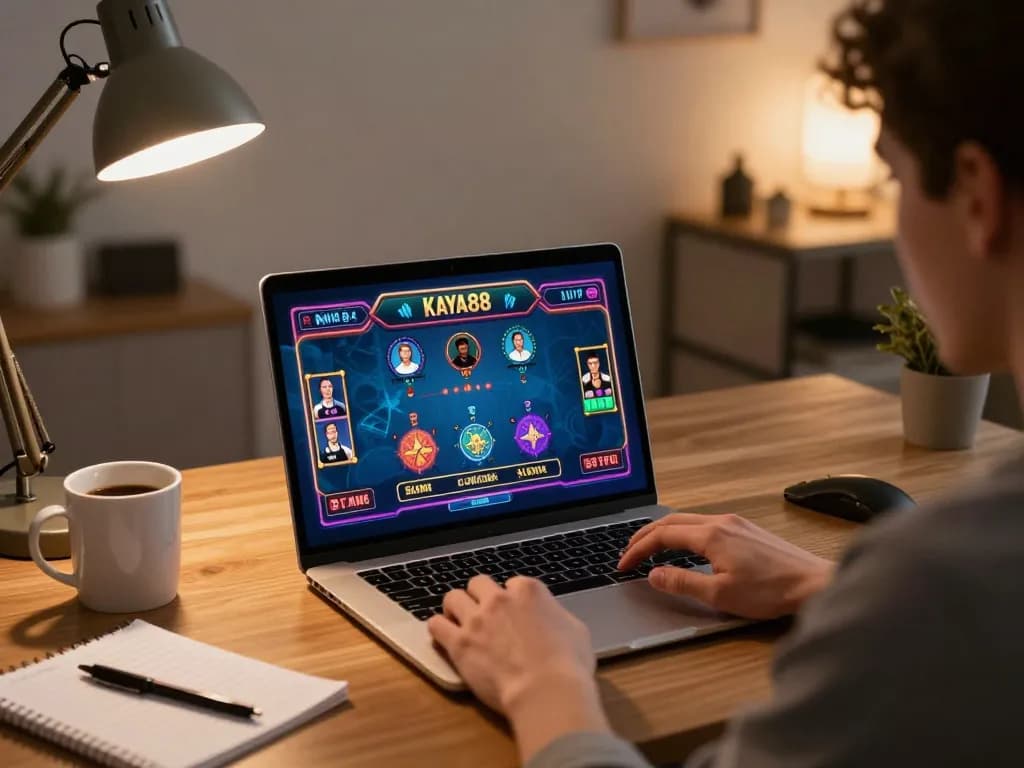 KAYA88 player enjoying live casino gaming on a laptop in a cozy home office setting, showcasing engagement and strategy.