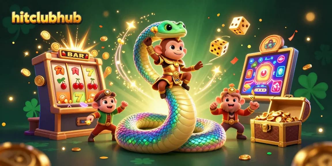 Winning at hitclubhub with a vibrant 3D casino scene featuring a rainbow serpent and jackpot excitement.