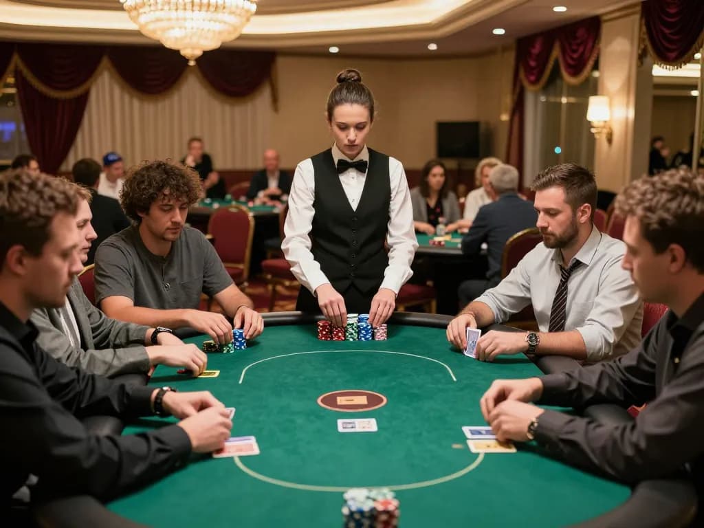 Engaged players at nohu poker game with dealer managing cards and vibrant casino ambiance