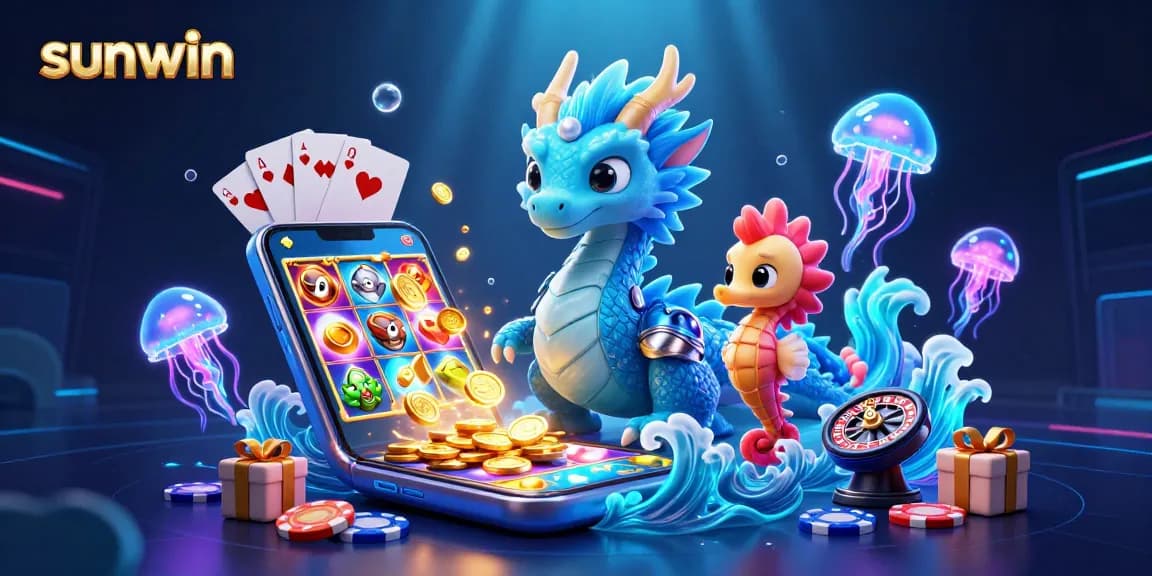 Engage with thrilling casino games at sunwin, featuring a vibrant 3D illustration of a water dragon and gaming elements.