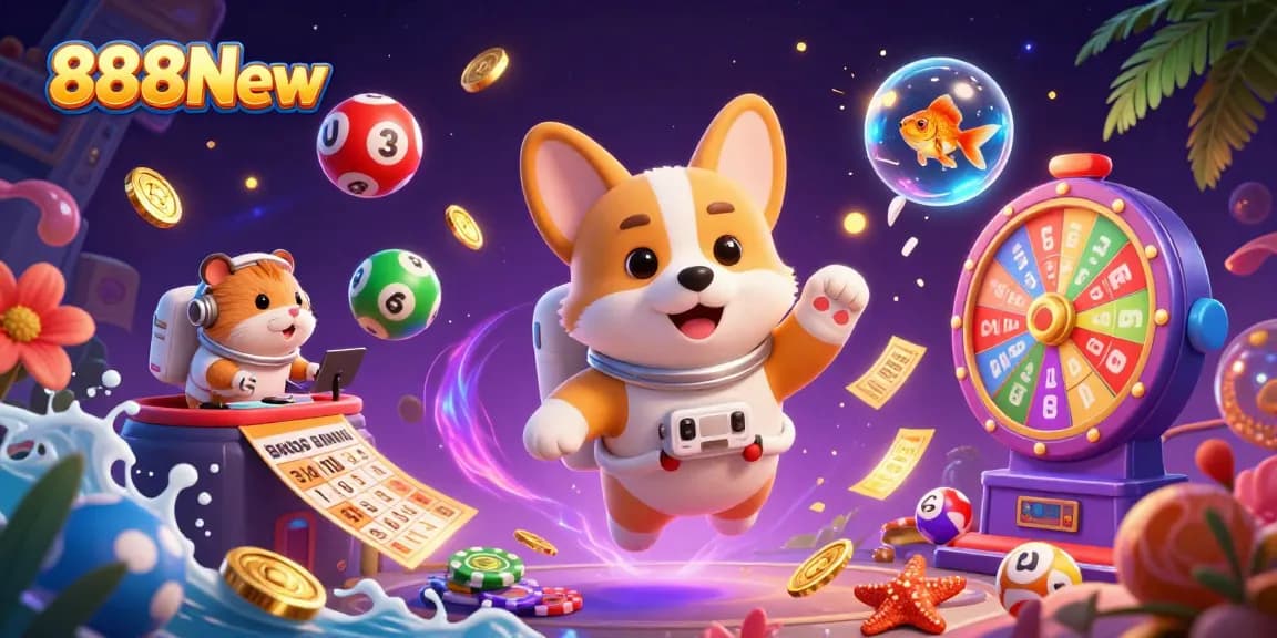 Engage with thrilling games at 888New, featuring a playful astronaut corgi amid vibrant casino elements.