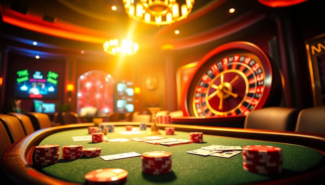 Experience the thrill of betting at 789winn with casino tables, chips, and a roulette wheel.