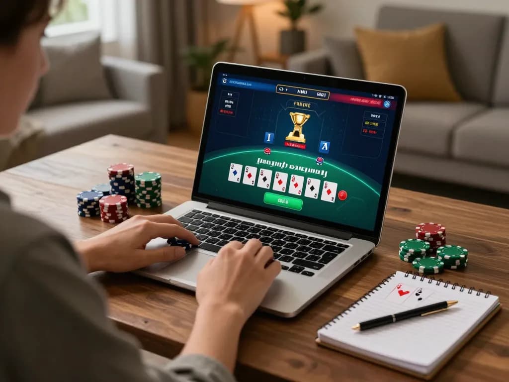 Player engaging in an online 8day blackjack game, showcasing a cozy home gaming setup.