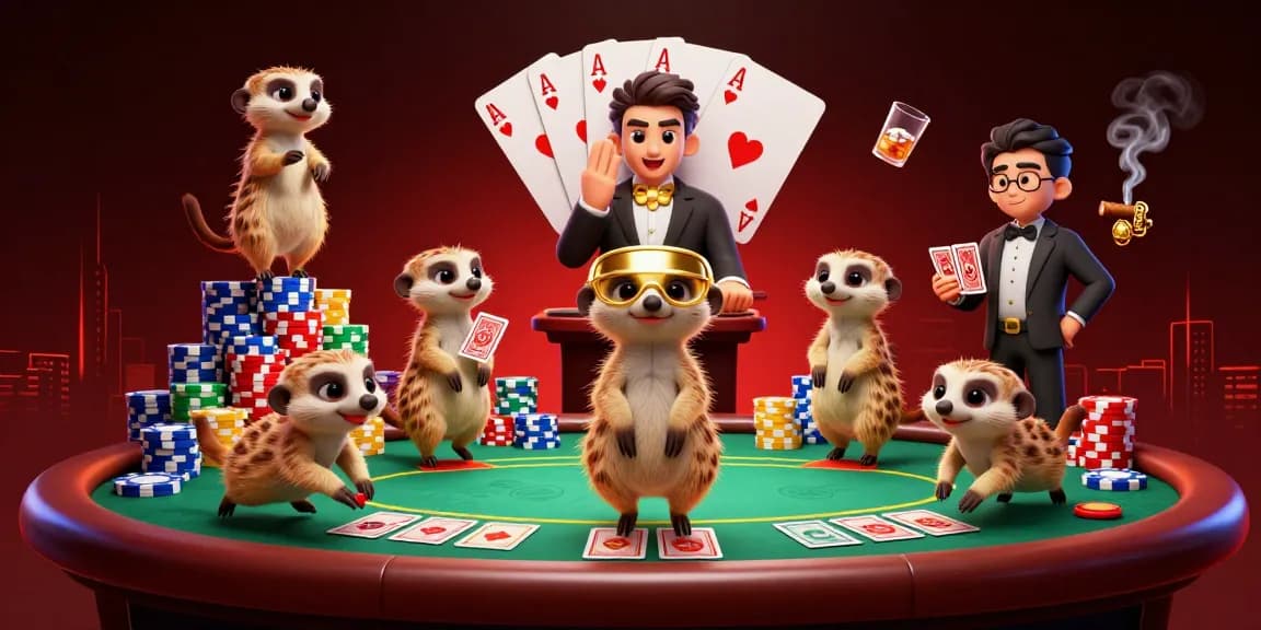 Experience the thrill of fly88 with meerkats managing a vibrant casino scene filled with poker excitement.