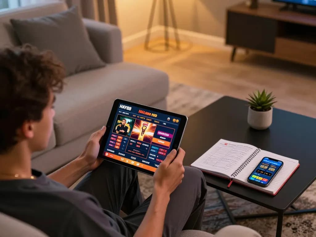 Person enjoying HAY88x online gaming interface on a tablet with strategic notes.