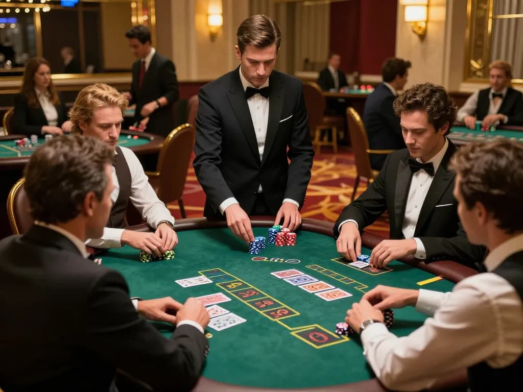 33WIM players strategizing in an upscale blackjack game at a luxurious casino table.