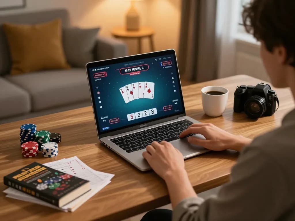 sun win gameplay on a laptop showcasing poker strategy in a cozy home setting
