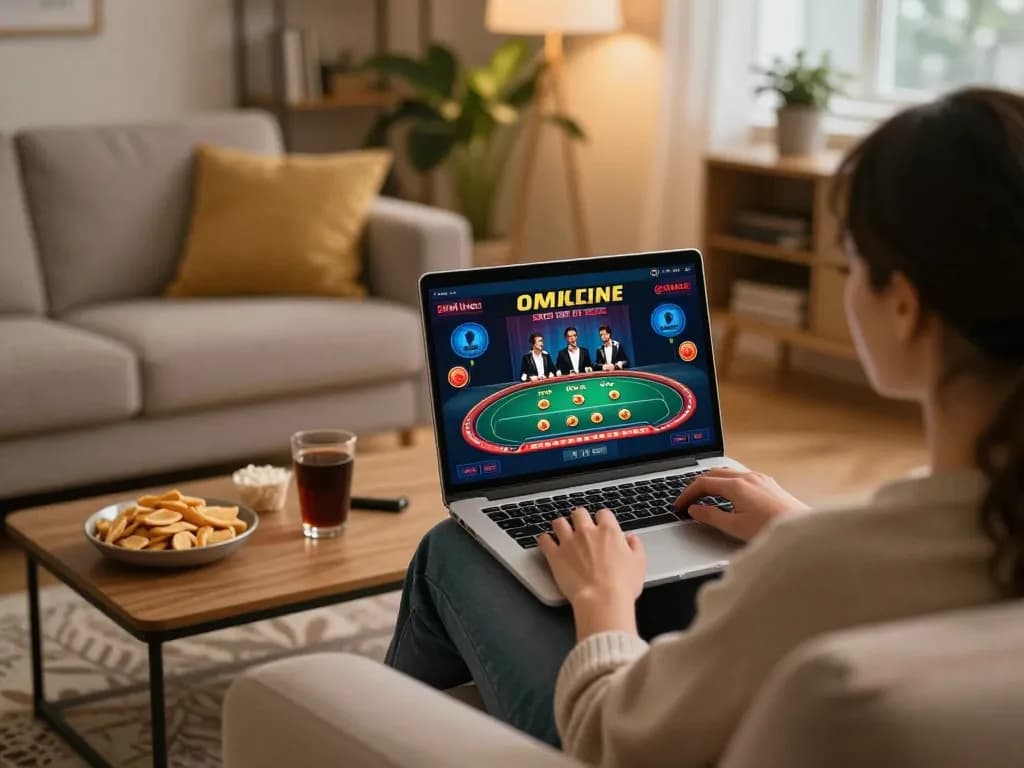 Net88 user enjoying live dealer game on a laptop in a cozy home setting with snacks.