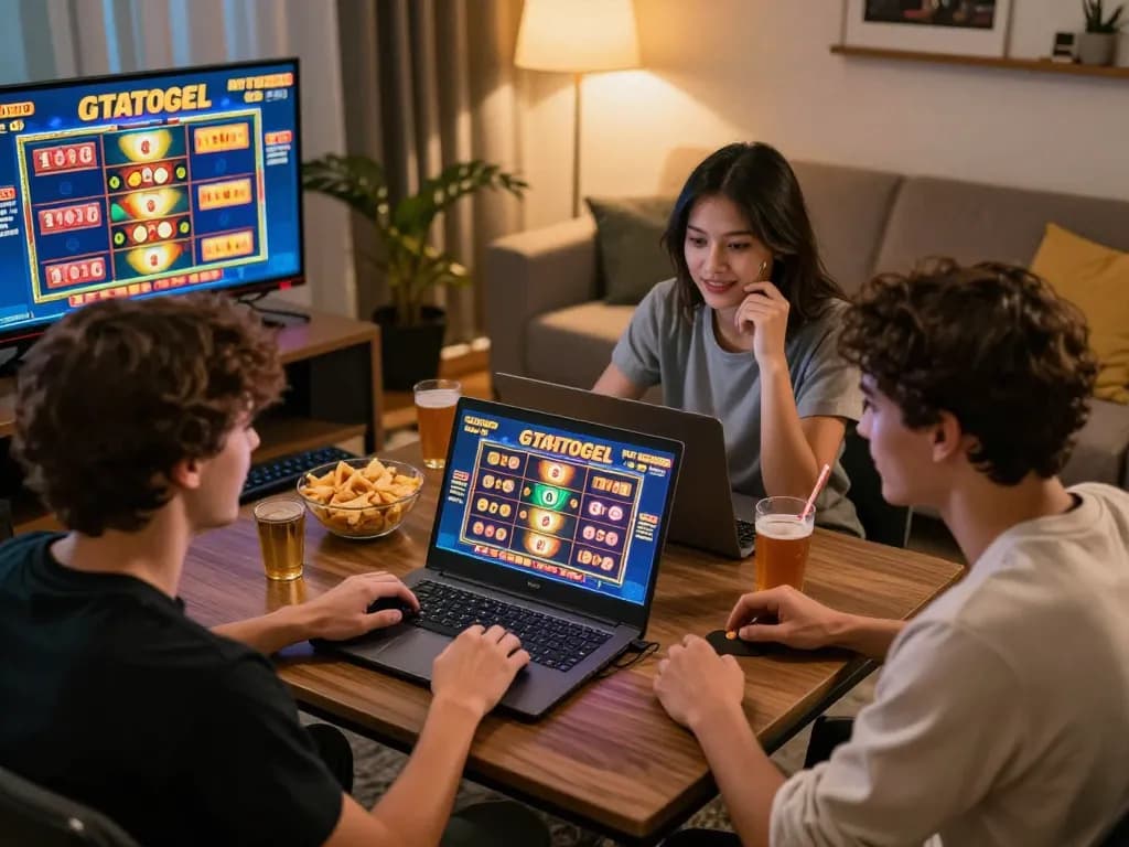 Friends enjoying gtatogel slot gameplay on a laptop in a cozy living room.