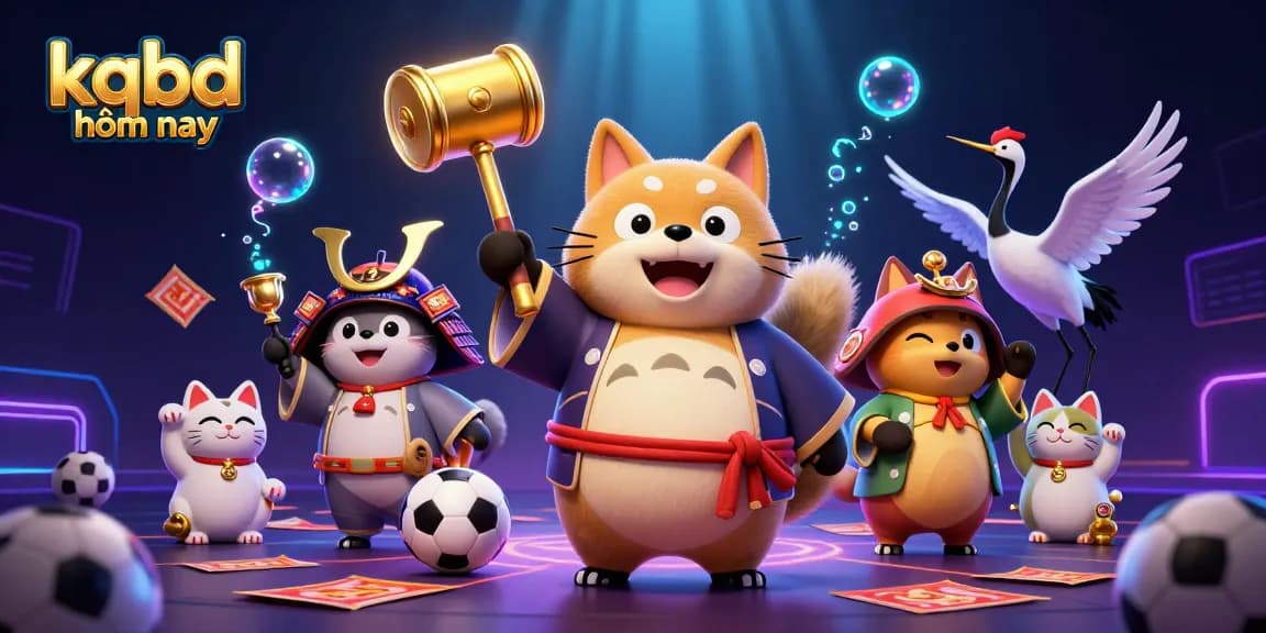 Engage with kqbd hôm nay in this lively 3D illustration featuring tanuki and fortune cats amidst sports betting excitement.