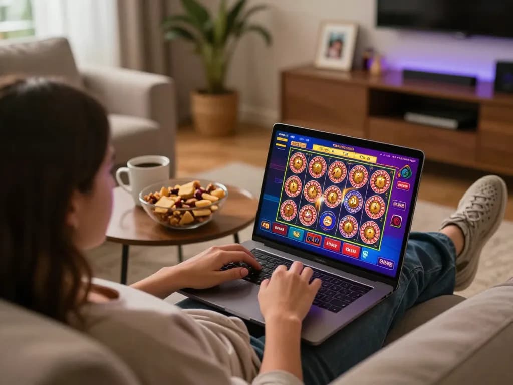 Engaging online gaming scene showcasing đăng ký mu88 on a laptop in a cozy home environment