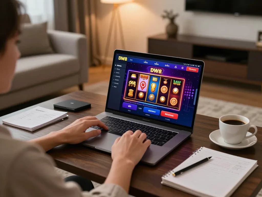Engaged player strategizing on DW8 casino game interface during a cozy home session