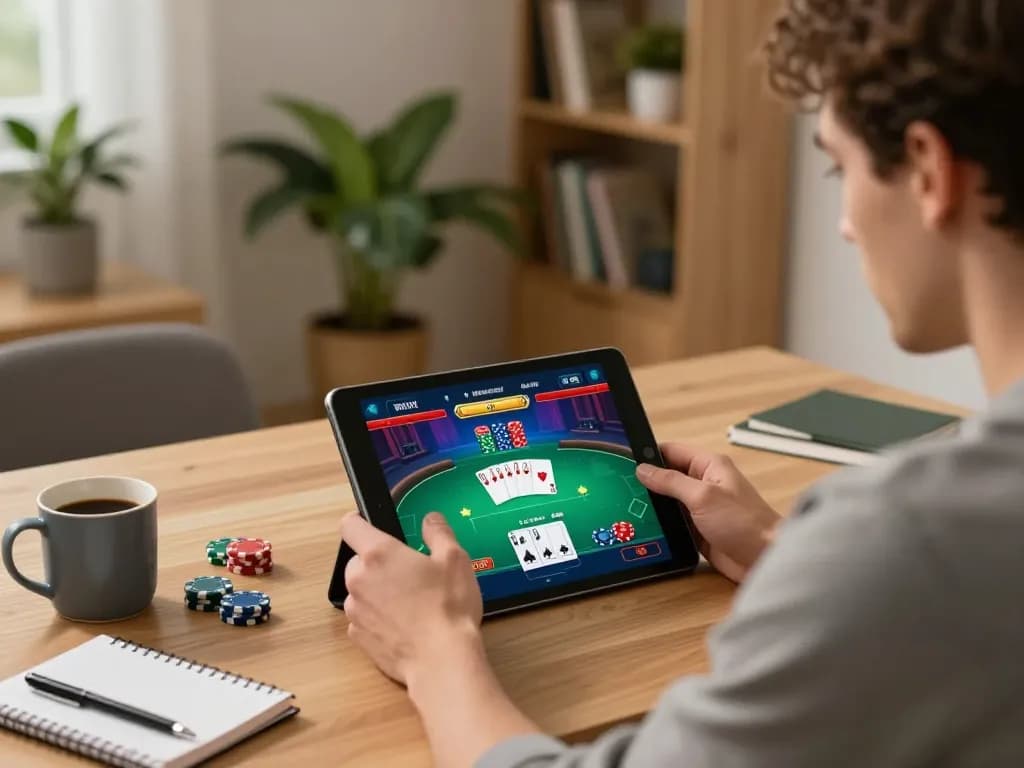 Engaged player on luck8. com enjoying a vibrant poker game on a tablet in a cozy home office.