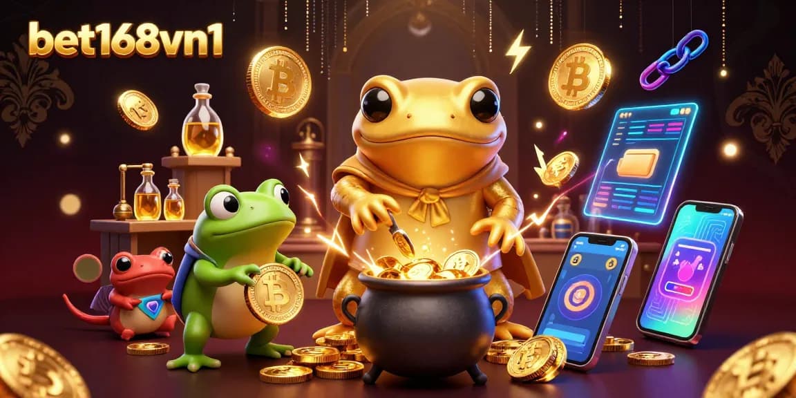 Experience the excitement of bet168vn1 with a magical alchemist scene featuring gold coins and crypto elements.