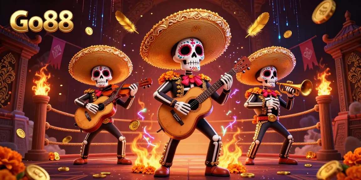 Engage with Go88's thrilling gaming universe featuring a vibrant mariachi band amidst dynamic casino elements.