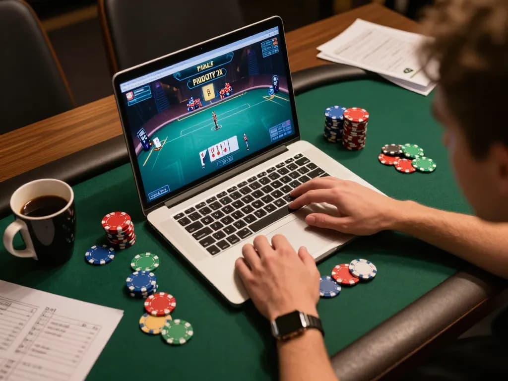 Playing poker on 33win's online platform with colorful chips in a cozy home setup.
