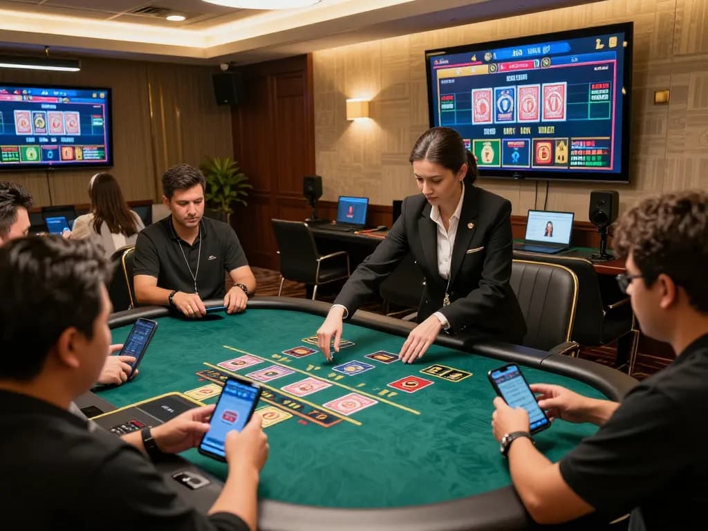 Players strategizing at 23wincasino blackjack table with live dealer interaction
