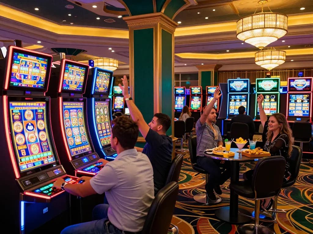 Players enjoying big wins at Go88's dynamic slot machine area, colorful lights and vibrant atmosphere captured.
