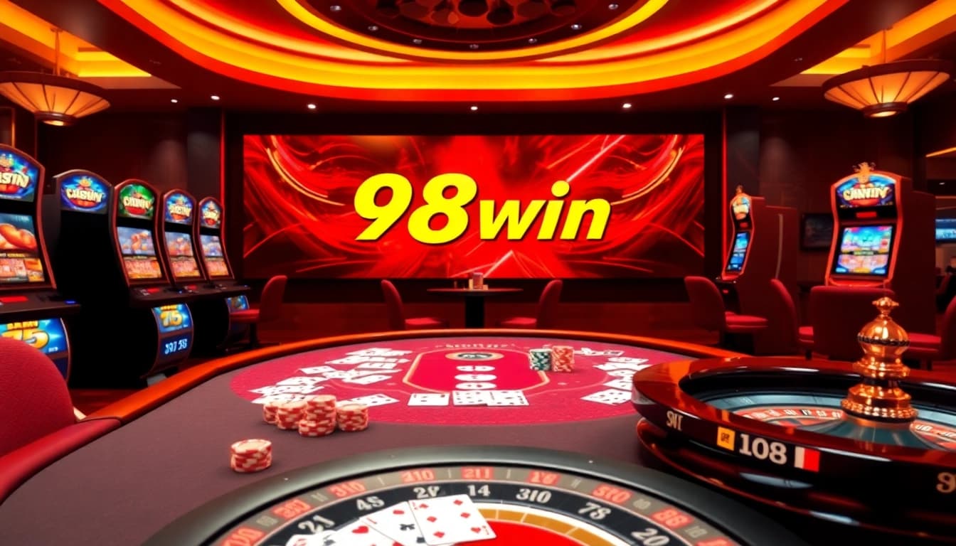 Players enjoying a sophisticated gambling experience at 98win casino table with vibrant poker chips and cards.