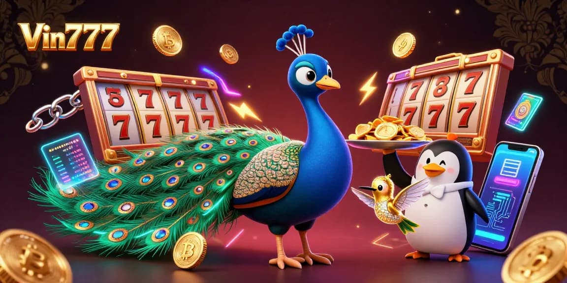 Spin the slots at Vin777 with vivid imagery of a colorful peacock, a penguin with chips, and a hummingbird.