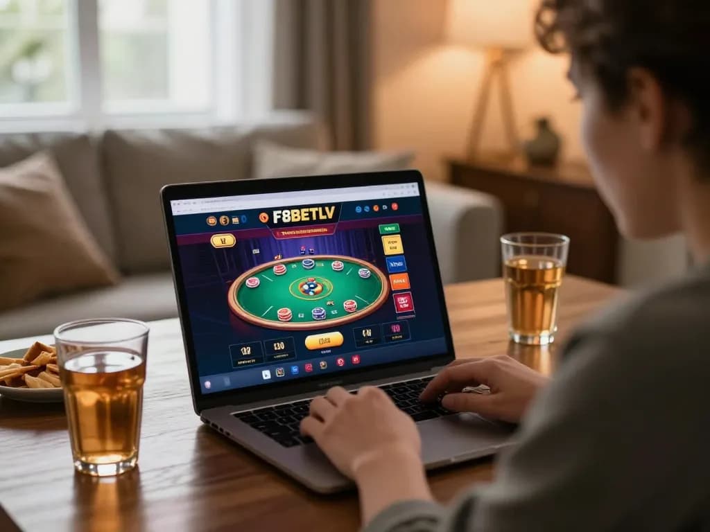 Player engaging in online casino gameplay at F8BETLV, immersed in a strategic betting environment with vibrant visuals.