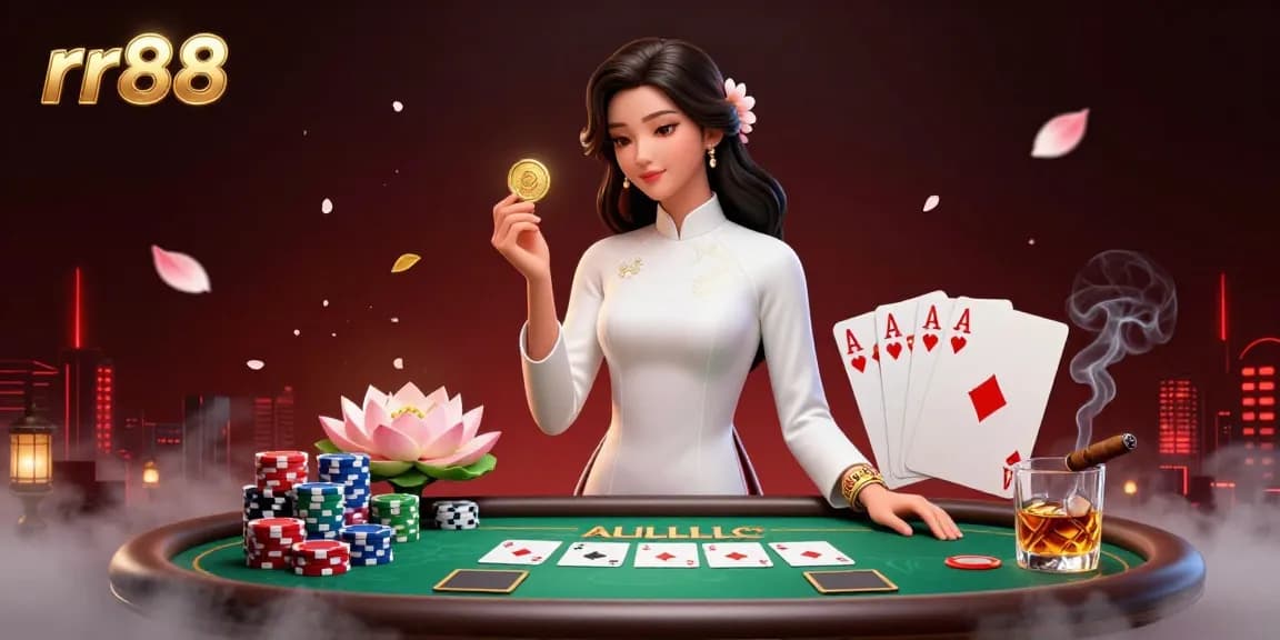 Engage with the thrilling rr88 casino experience featuring vibrant poker elements and a serene Asian woman in elegant attire.