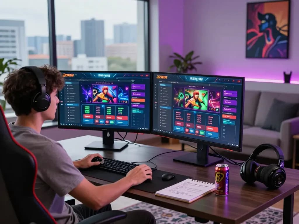 32win gaming setup with dual monitors displaying betting interface in a vibrant home office.
