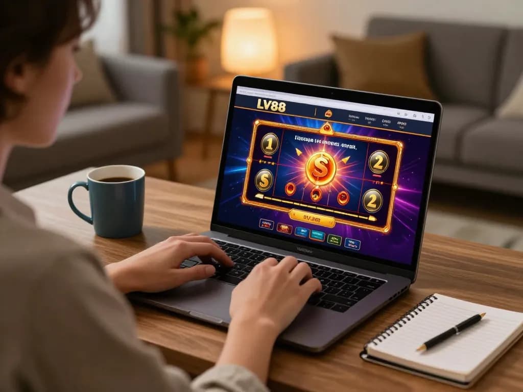 Player enjoying LV88 online casino gaming on a laptop in a cozy home setting.