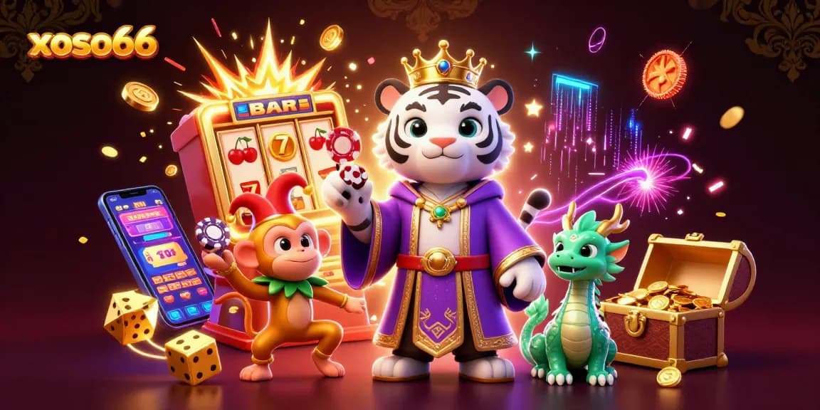 xoso66 showcases a vibrant scene with a royal tiger, monkey juggling chips, and dynamic casino elements.